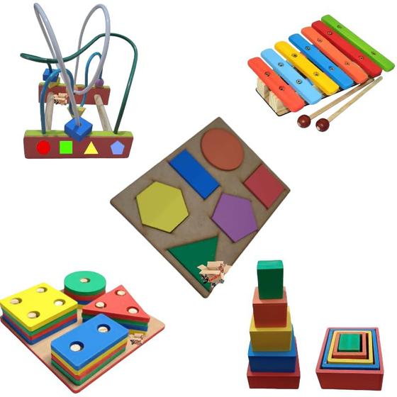 Imagem de Kit Atividades 05 Brinquedos Pedagógicos Educativos Em Madeira - Primeira Infância TDAH