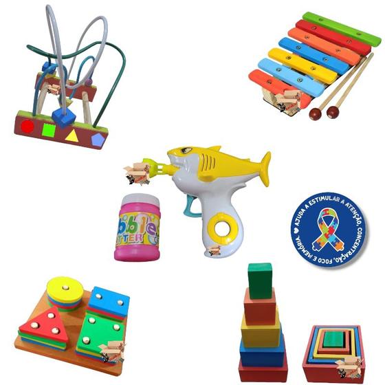 Imagem de Kit Atividades 05 Brinquedos Pedagógicos Educativos Em Madeira - Primeira Infância TDAH