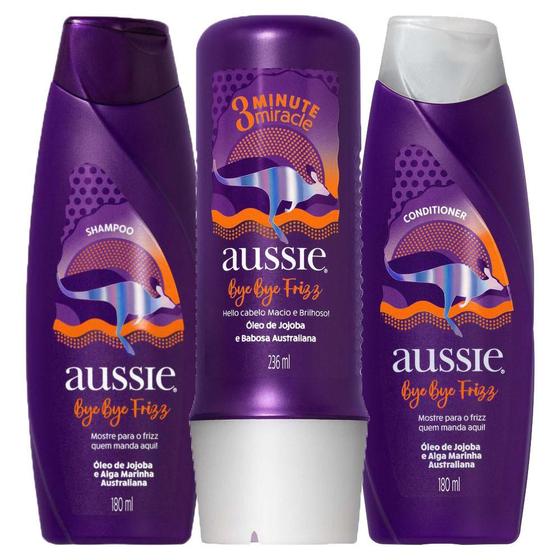 Imagem de Kit Aussie Bye Bye Frizz Maciez e Brilho Shampoo + Condicionador 180ml + Tratamento 3 Minute 236ml