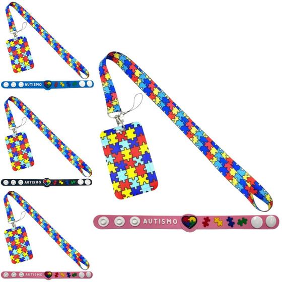Imagem de Kit Autismo identificação TEA porta crachá cordão estampado e pulseira autismo 19cm com regulagem kit infantil
