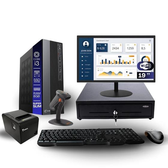 Imagem de Kit Automação PDV TOB i3 8GB SSD 240GB Win10 Rede S/Fio Teclado Mouse Monitor 19" Gvt. Dinheiro Imp. Térmica Leitor Cód Barras