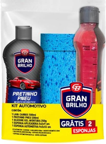 Imagem de Kit Automotivo Gran Brilho - Lava Carro + Pretinho + Silicone + Esponja