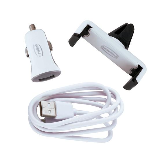 Imagem de Kit automotivo lightning 3 em 1, cabo, carregador e suporte veicular branco ka100 newlink