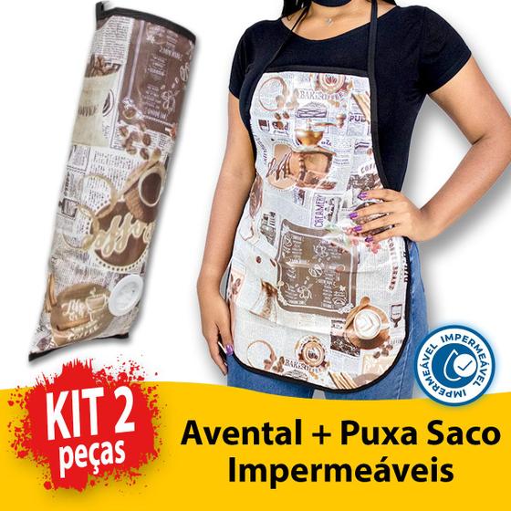 Imagem de Kit Avental + Puxa Saco Impermeável Cozinha Lavanderia Porta Sacola Lavável Suporte Saco Multiuso