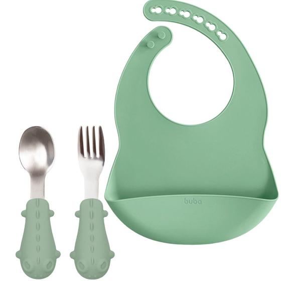 Imagem de Kit Babador Pega Migalhas E Talheres Em Silicone E Aço Inox Verde Buba