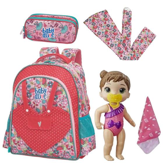 Kit Baby Alive Banhos Carinhosos Morena + Mochila + Necessaire Baby