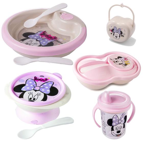 Imagem de Kit Baby Minnie Prato Térmico Tigela com Ventosa Pote Papinha Caneca Trio Porta Chupeta