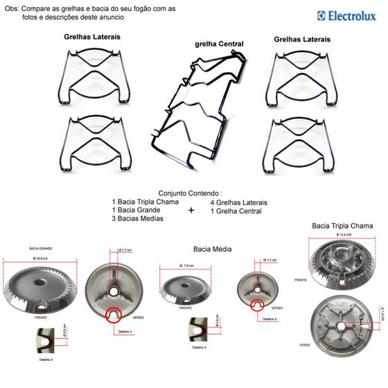 Imagem de Kit bacias + grelhas p/ fogões tripla chama electrolux 5 bocas 76 dtb