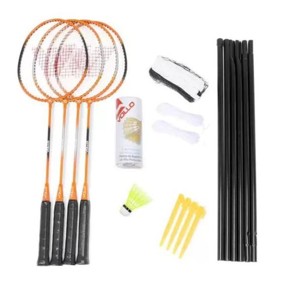 Imagem de Kit Badminton: 4 Raquetes 3 Petecas de Nylon Rede e Suporte