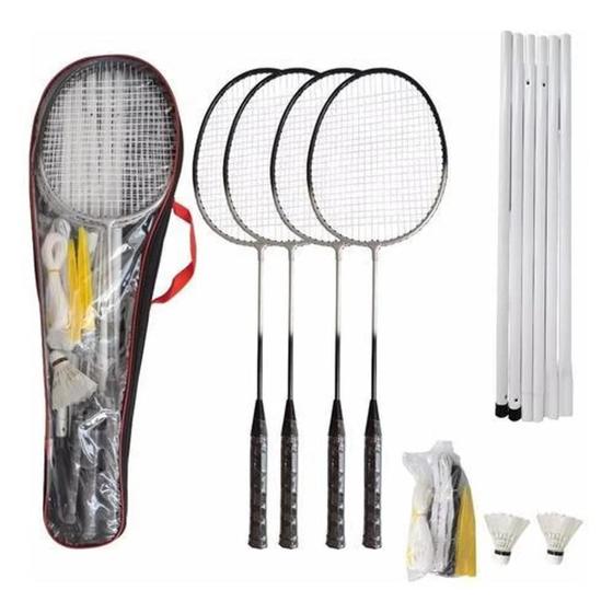 Imagem de Kit Badminton Completo 4 Raquetes + Rede + 2 Petecas + Postes + Capa
