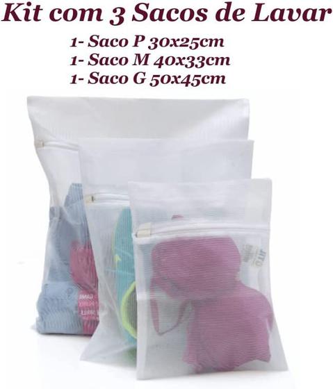 Imagem de Kit Bag Limp Protetor P/ Lavar Roupas Com 3 Sacos P, M e G