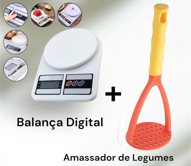 Imagem de Kit Balança De Cozinha Digital Alta Precisão 10kg Branca Dieta Confeitaria + Amassador De Batata Legumes Frutas Coloridos Plástico