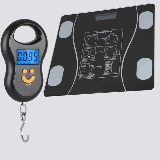 Imagem de Kit Balança Digital 50kg com Gancho, Balança Corporal com Bioimpedância e Bluetooth  Precisão, Conforto e Controle de Peso com Aplicativo