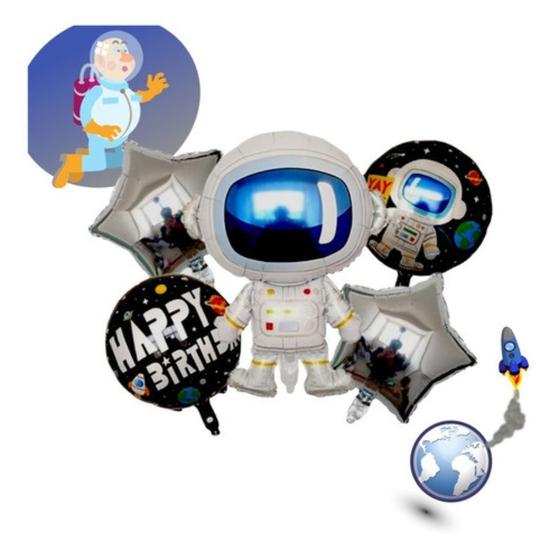 Imagem de Kit Balão Metalizado - Astronauta 65x86cm + 4 Balões 45cm Espaço Planeta 3D Decorativo