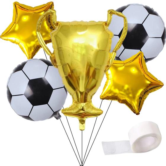 Imagem de Kit Balão Metalizado Bola De Futebol +  Balão Troféu + Balão Estrelas Metalizadas - Decoração Temática Futebol
