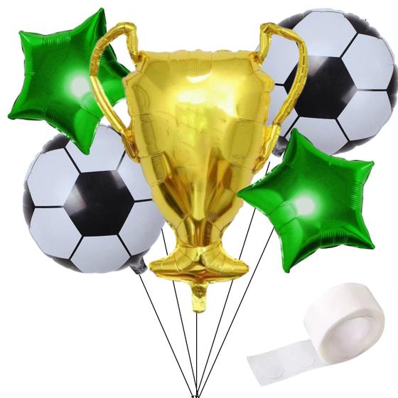 Imagem de Kit Balão Metalizado Bola De Futebol +  Balão Troféu + Balão Estrelas Metalizadas - Decoração Temática Futebol