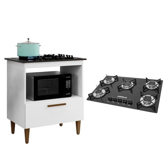 Imagem de Kit Balcão Cooktop Cozinha Eliz com Fogão Cooktop Ultra Chama 5 Bocas Trempe Chapa Preto Chamalux