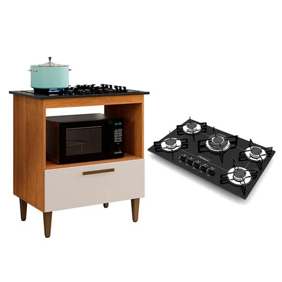 Imagem de Kit Balcão Cooktop Cozinha Kaiki Eliz com Fogão Cooktop 5 Bocas Tripla Chama Preto Chamalux