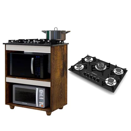 Imagem de Kit Balcão Kaiki Turim com Fogão Cooktop 5 Bocas Tripla Chama Preto Chamalux