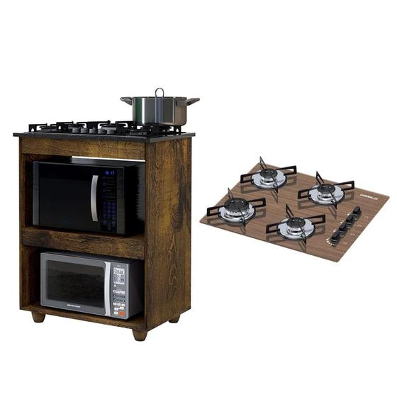 Imagem de Kit Balcão para Cooktop Cozinha Kaiki Turim com Fogão Cooktop 4 Bocas Ultra Chama Amadeirado Chamalux