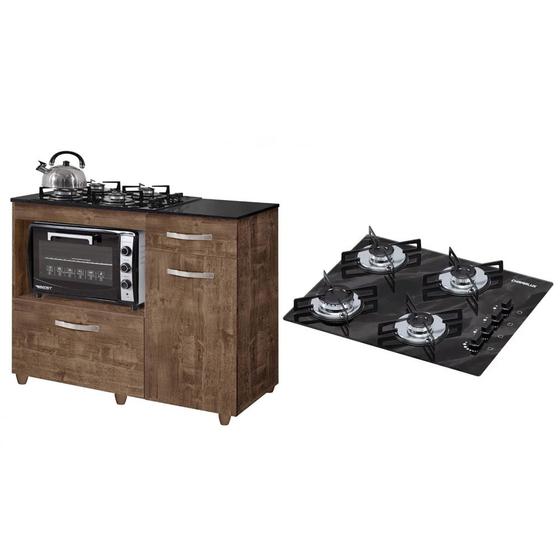 Imagem de Kit Balcão para Cooktop Cozinha Kaiki Violeta com Fogão Cooktop 4 Bocas Ultra Chama Preto Mármore Chamalux