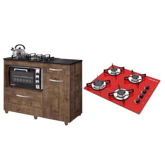 Imagem de Kit Balcão para Cooktop Cozinha Kaiki Violeta com Fogão Cooktop 4 Bocas Ultra Chama Vermelho Chamalux