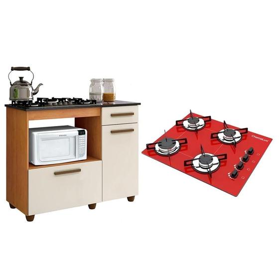 Imagem de Kit Balcão para Cooktop Cozinha Kaiki Violeta com Fogão Cooktop 4 Bocas Ultra Chama Vermelho Chamalux