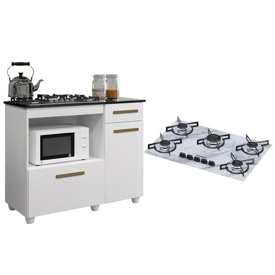 Imagem de Kit Balcão para Cooktop Cozinha Kaiki Violeta com Fogão Cooktop 5 Bocas Ultra Chama Branco Mármore Chamalux