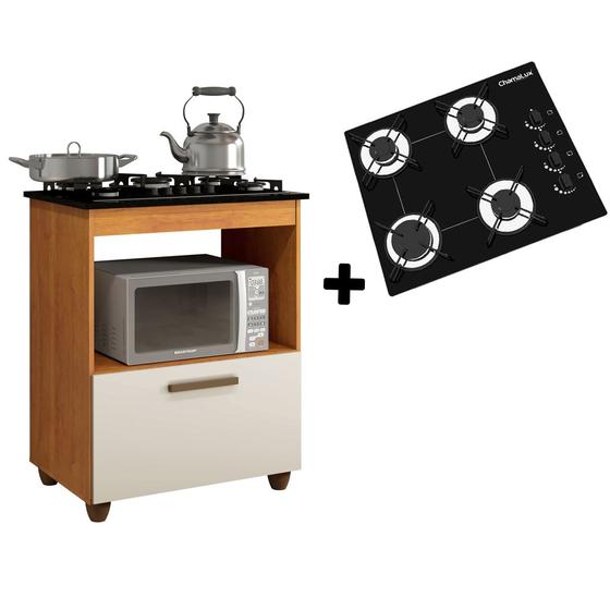 Imagem de Kit Balcão Salvia Nature Off White Mais Fogão Cooktop Ultra Chama 4 Bocas Preto Chamalux