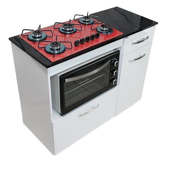 Kit Balcão Violeta Branco Com Cooktop Vermelho 5 Bocas e Forno Elétrico