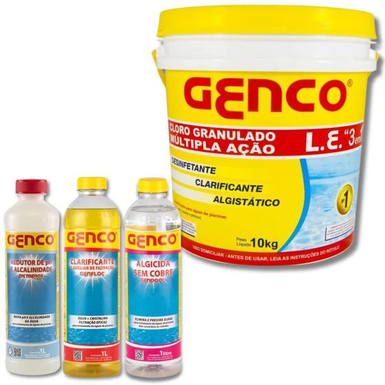 Imagem de Kit Balde Cloro 10kg + Clarificante + Algicida + Redutor de Ph e Alcalinidade  Genco 