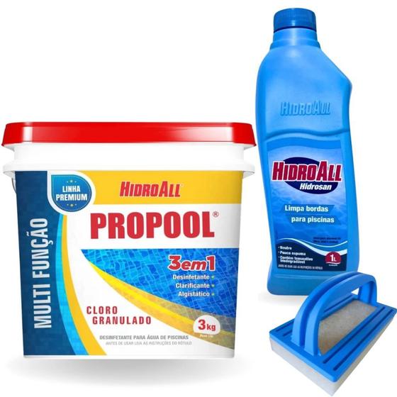 Imagem de Kit Balde de Cloro Granulado para Piscina 3 em 1 Propool 3kg + Esponja + Limpa Bordas 1 L