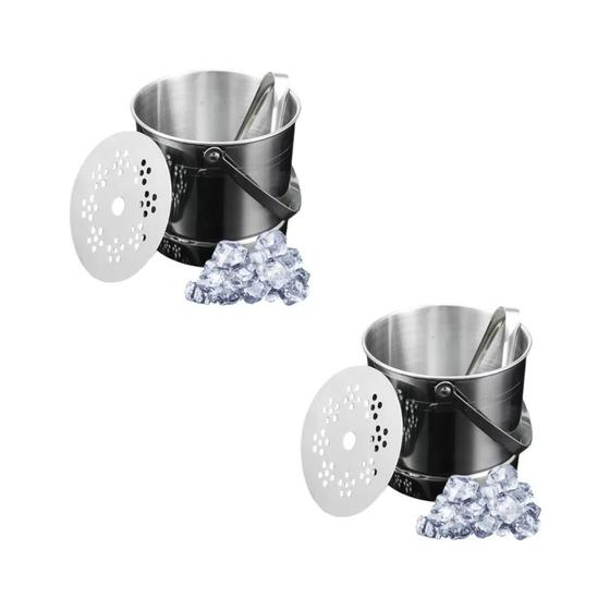 Imagem de Kit Balde De Gelo Pequeno Aço Inox Com Pegador e Bandeja Separadora Para Bebidas Whisky Drinks Kehome 2 unidades