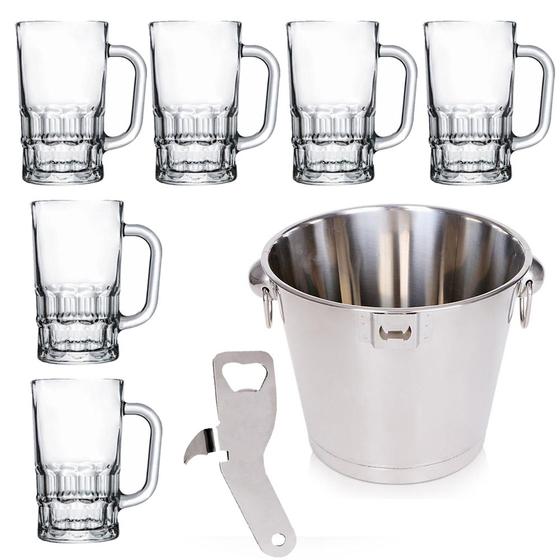 Imagem de Kit Balde Gelo Bar 6l Abridor 6 Canecas Chopp Vidro 360ml