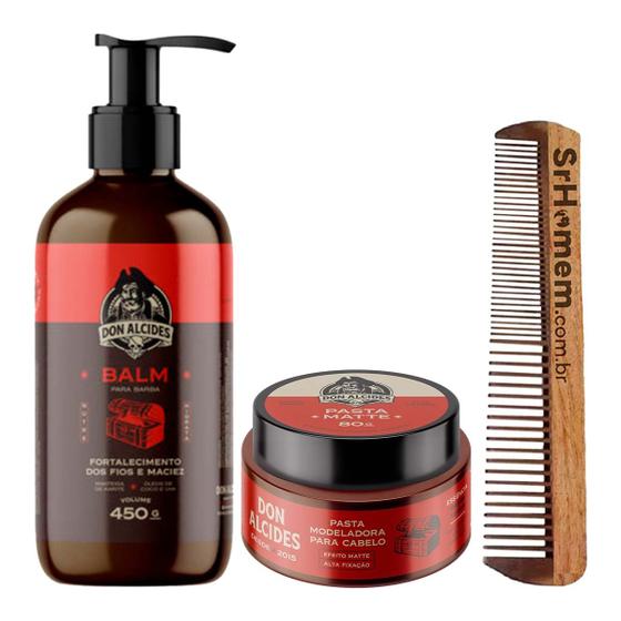 Imagem de Kit Balm 450g e Pasta Barba Negra e Pente Duplo Don Alcides