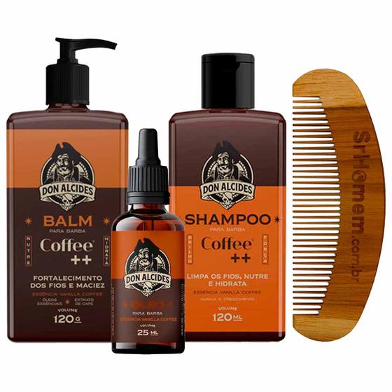 Imagem de Kit Balm Óleo Shampoo e Pente Curvo Barba Coffee Don Alcides