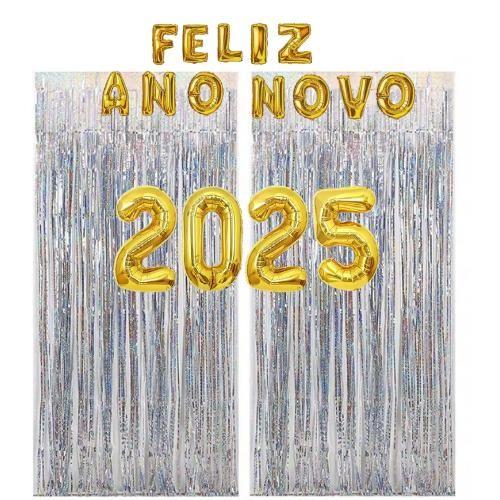 Imagem de Kit Balões FELIZ ANO NOVO + 2025 + 2 Cortinas Metalizadas