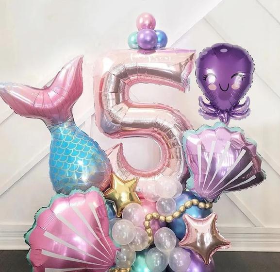 Imagem de Kit Balões Metalizado Sereia Menina Aniversario  com Número