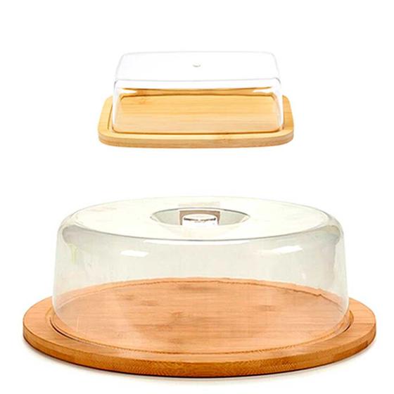 Imagem de Kit bambu porta bolo e manteigueira geladeira mesa suporte café doces boleira pote alimento cozinha