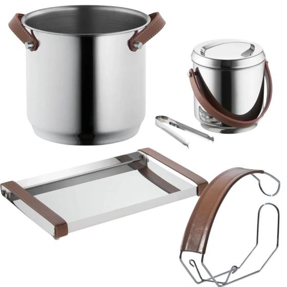 Imagem de Kit Bandeja 40cm com Alca + Balde para Gelo 4,5l e 2,3l + Suporte para Vinho em Aco Inox e Material Sintetico  Forma 