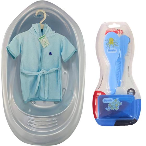 Imagem de Kit Banheira 22L Plastibaby Roupão Saboneteira Escova Pente Para Bebê Kit banho mamita Rosa Azul