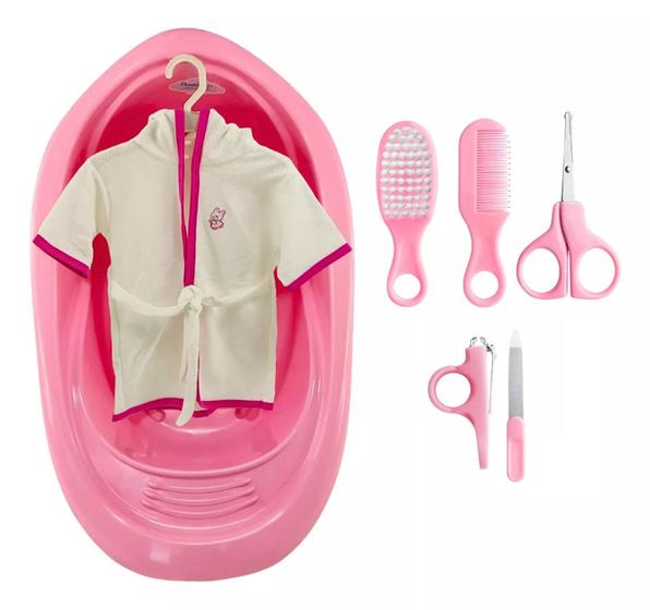 Imagem de Kit Banheira 22L Plastibaby Roupão Saboneteira Escova Prendedor de Chupeta Pente Para Bebê Rosa Azul