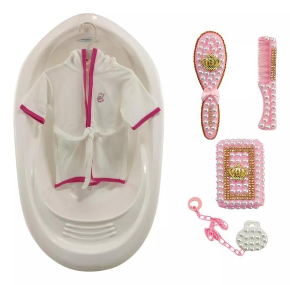 Imagem de Kit Banheira 22L Plastibaby Roupão Saboneteira Escova Prendedor de Chupeta Pente Para Bebê Rosa Azul