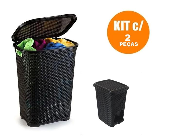 Kit Banheiro 2 Peças Cesto De Roupas E Lixeira Rattan Preta Menor preço em Kit Banheiro 2 Peças Cesto De Roupas E Lixeira Rattan Preta