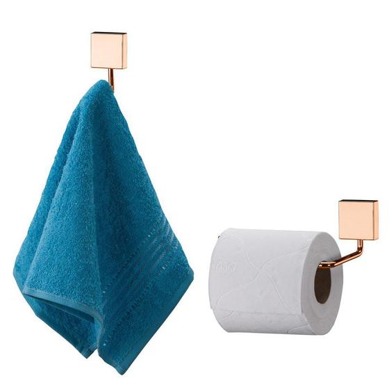 Imagem de Kit Banheiro 2 Peças Gancho Porta Toalha Suporte Papel Higiênico Cobre Rose Gold - Future