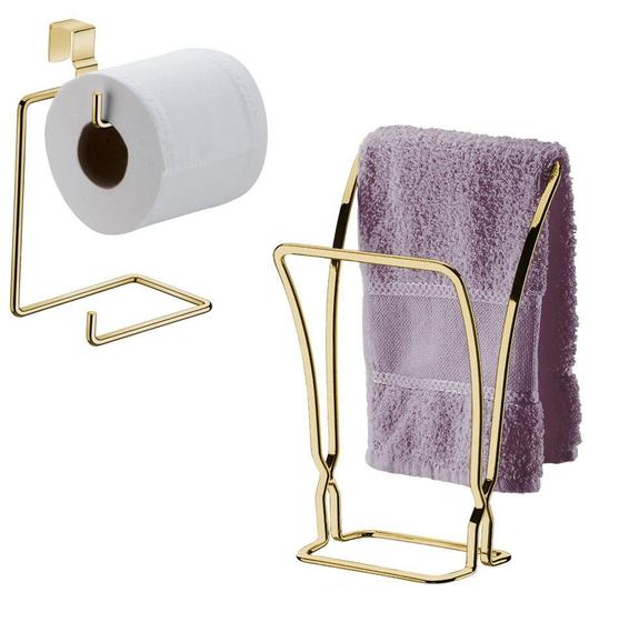Imagem de Kit Banheiro 2 Peças Porta Toalha Duplo Pia Suporte Papel Higiênico Duplo Acoplado Dourado - Future