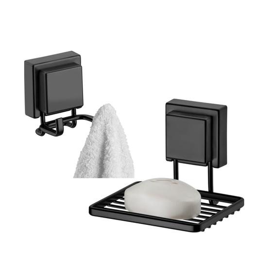 Imagem de Kit Banheiro 2 Peças Suporte Porta Sabonete Cabide Gancho Duplo Multiuso Com Ventosa Preto Fosco - Future