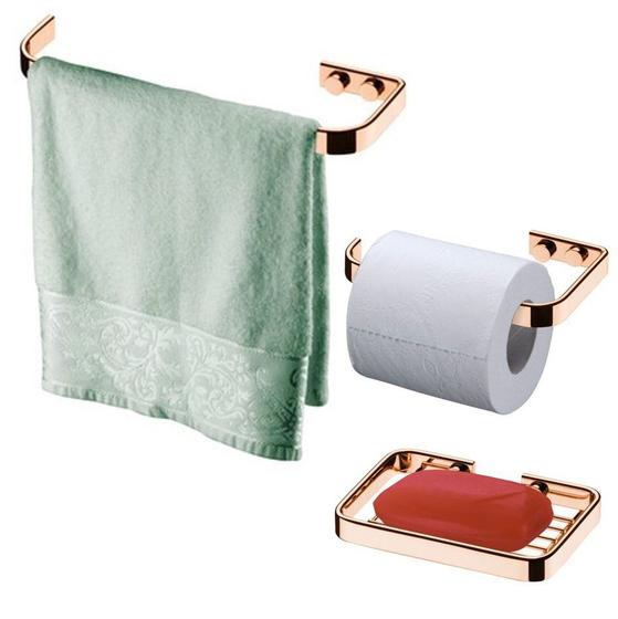 Imagem de Kit Banheiro 3 Peças Porta Toalha 22cm Saboneteira Suporte Papel Higiênico Cobre Rose Gold - Future