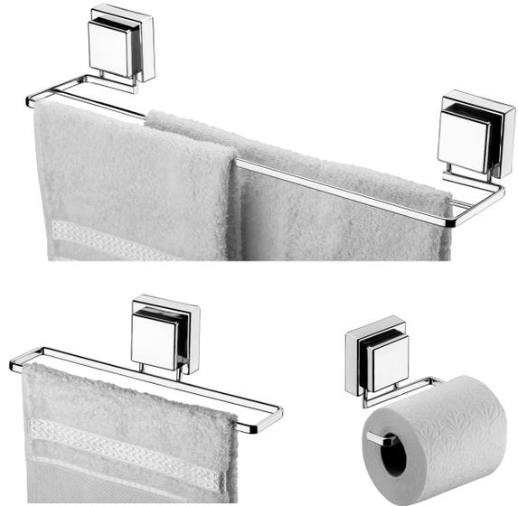 Kit Banheiro 3 Peças Porta Toalha Toalheiro Duplo Suporte Papel Higiênico Ventosa Cromado - Future Menor preço em Kit Banheiro 3 Peças Porta Toalha Toalheiro Duplo Suporte Papel Higiênico Ventosa Cromado - Future