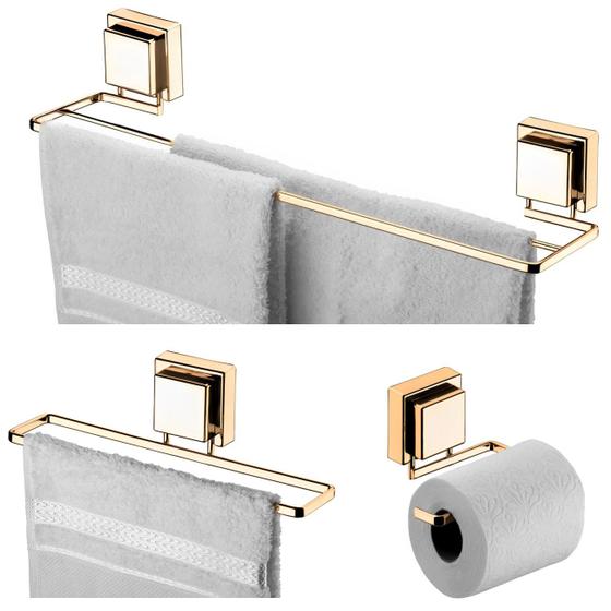 Imagem de Kit Banheiro 3 Peças Porta Toalha Toalheiro Duplo Suporte Papel Higiênico Ventosa Dourado - Future